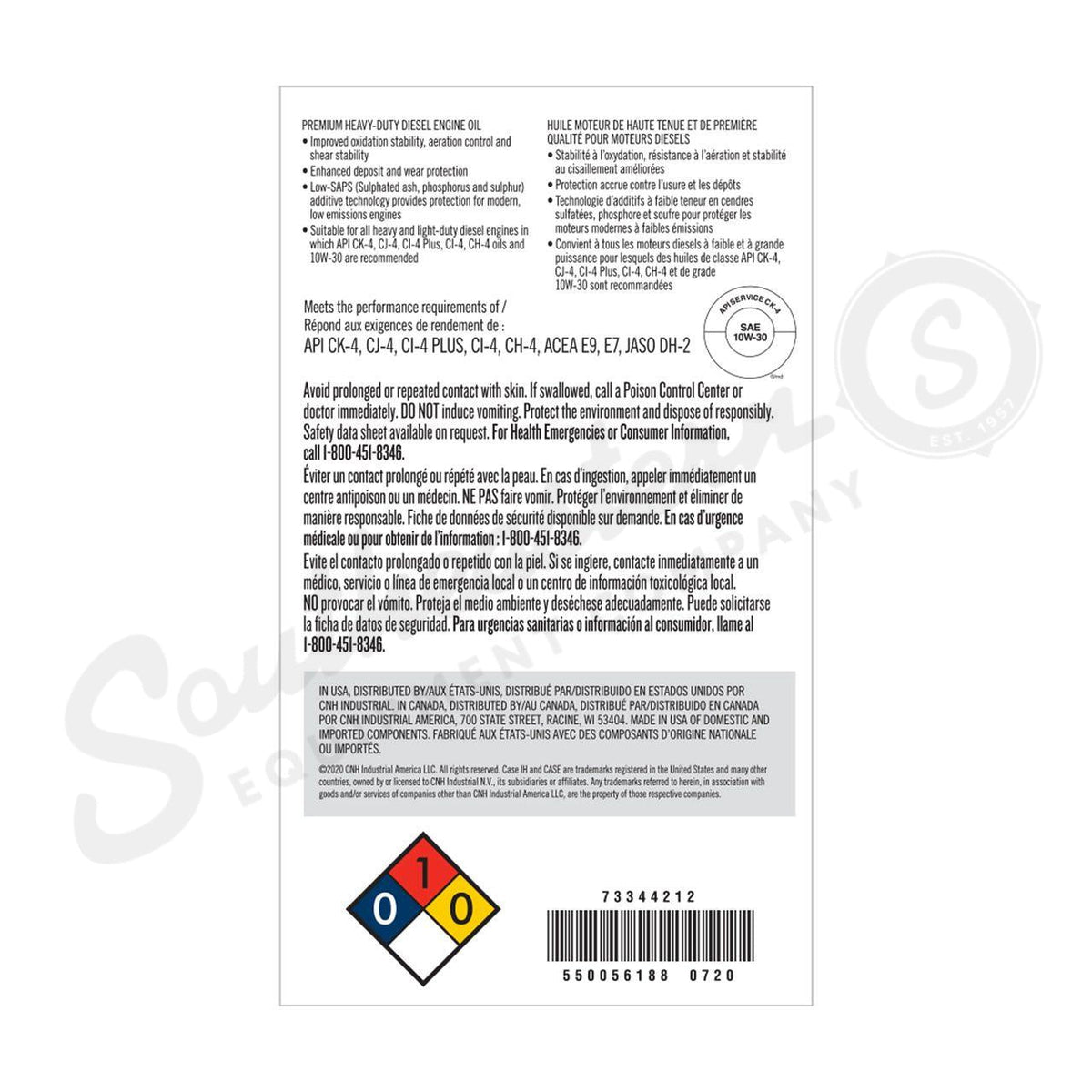 73344212 - OEM ENGINE OIL SAE 10W-30 API 4 MAT 3572 5 GAL./18.92L - CASE CONSTRUCTION