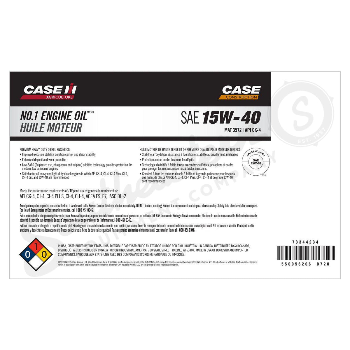 73344234 - OEM ENGINE OIL SAE 15W-40 API 4 MAT 3572 5 GAL./18.92L - CASE CONSTRUCTION