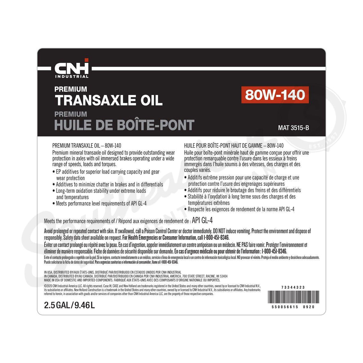 73344323 - OEM PREMIUM TRANSAXLE OIL SAE 80W-140 MAT 3515-B 2.5 GAL./9.46L - CASE CONSTRUCTION