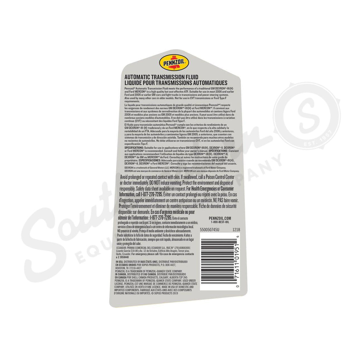 73344340 - OEM PENNZOIL AUTOMATIC TRANSMISSION FLUID 1 QT/0.94L - CASE CONSTRUCTION