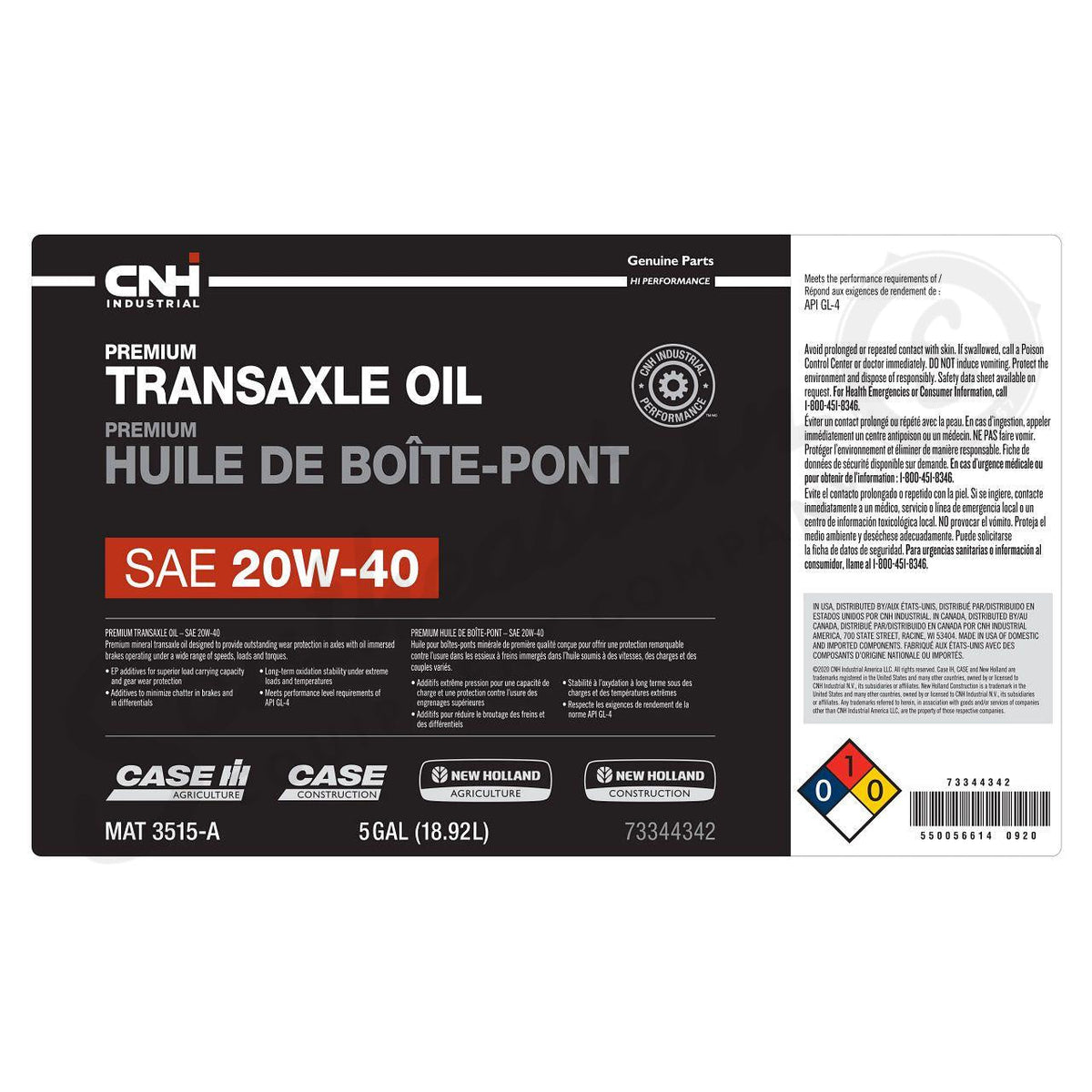 73344342 - OEM PREMIUM TRANSAXLE OIL SAE 20W-40 MAT 3515-A 5 GAL./18.92L - CASE CONSTRUCTION
